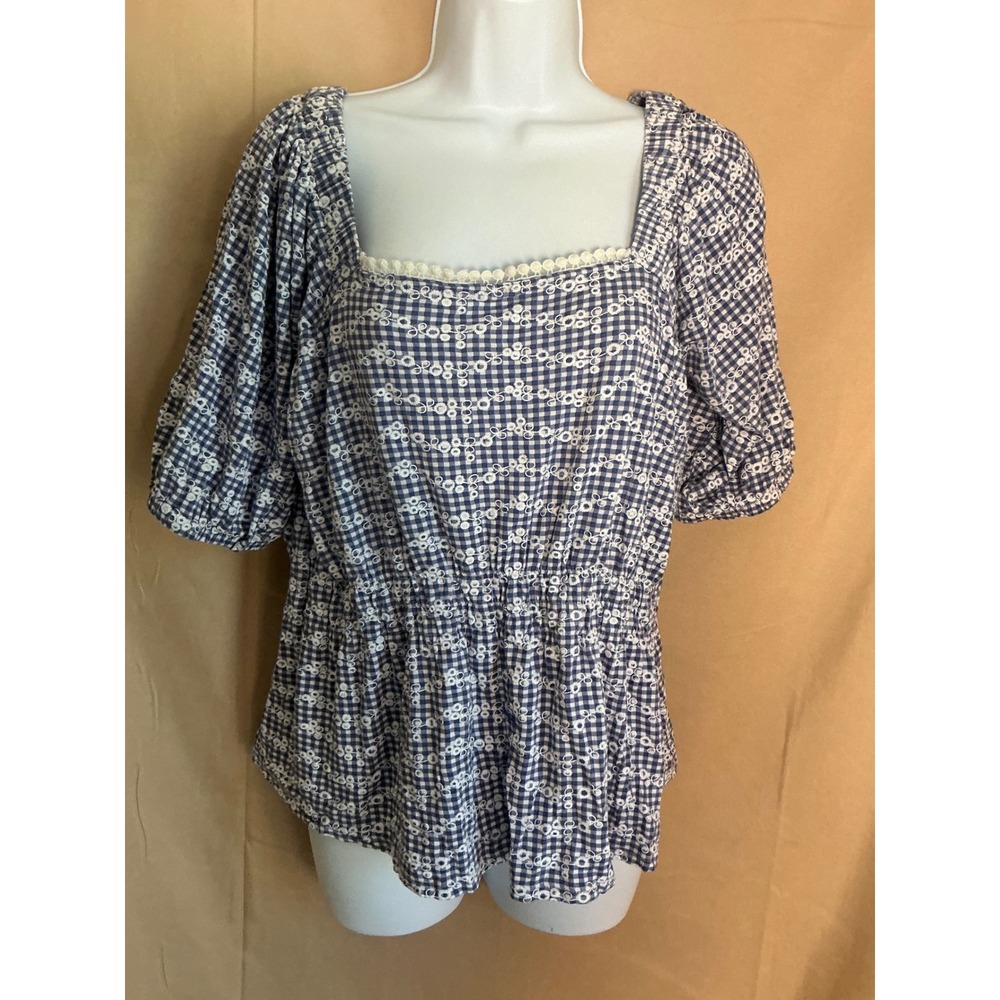Belle by Belldini Blouse Women Large Blue Excellent Gingham Peplum Smocked Top